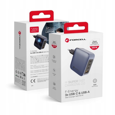 Ładowarka sieciowa do telefonu Forcell F-Energy GaN 3 x USB C + USB A QC4.0 PD 5A 100W VT-46 szara