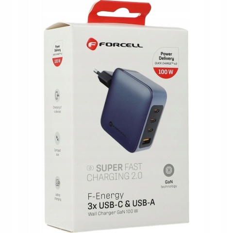 Ładowarka sieciowa do telefonu Forcell F-Energy GaN 3 x USB C + USB A QC4.0 PD 5A 100W VT-46 szara
