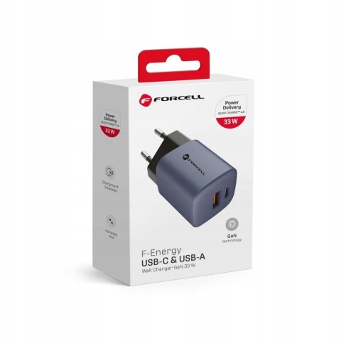 Ładowarka sieciowa do telefonu Forcell F-Energy GaN USB C + USB A QC4.0 PD 3A 33W VT-31 szara