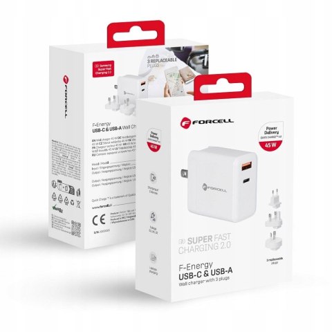 Forcell Ładowarka 3w1 ze USB-C USB-A - 3A 45W PD i QC 4.0 i + 3 wtyczki