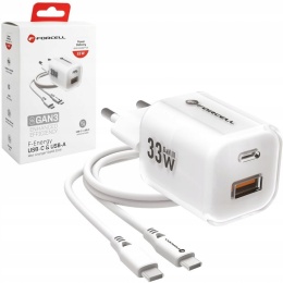 FORCELL F-ENERGY Crystal Color GaN III VT-41 ładowarka sieciowa z silikonowym kablem 1 x Typ C + 1 x USB A PD QC4.0 33W biała