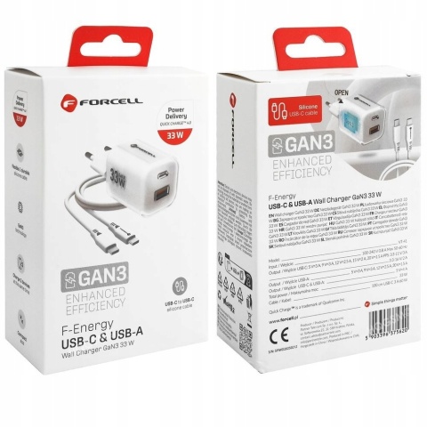 FORCELL F-ENERGY Crystal Color GaN III VT-41 ładowarka sieciowa z silikonowym kablem 1 x Typ C + 1 x USB A PD QC4.0 33W biała