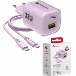 FORCELL F-ENERGY Crystal Color GaN III VT-41 ładowarka sieciowa z silikonowym kablem 1 x Typ C + 1 x USB A PD QC4.0 33W fioletow
