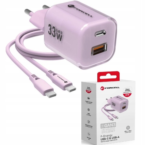 FORCELL F-ENERGY Crystal Color GaN III VT-41 ładowarka sieciowa z silikonowym kablem 1 x Typ C + 1 x USB A PD QC4.0 33W fioletow