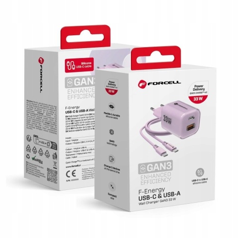 FORCELL F-ENERGY Crystal Color GaN III VT-41 ładowarka sieciowa z silikonowym kablem 1 x Typ C + 1 x USB A PD QC4.0 33W fioletow
