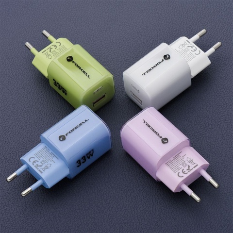 FORCELL F-ENERGY Crystal Color GaN III VT-41 ładowarka sieciowa z silikonowym kablem 1 x Typ C + 1 x USB A PD QC4.0 33W fioletow