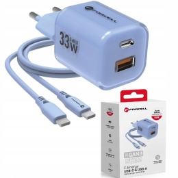 FORCELL F-ENERGY Crystal Color GaN III VT-41 ładowarka sieciowa z silikonowym kablem 1 x Typ C + 1 x USB A PD QC4.0 33W niebiesk