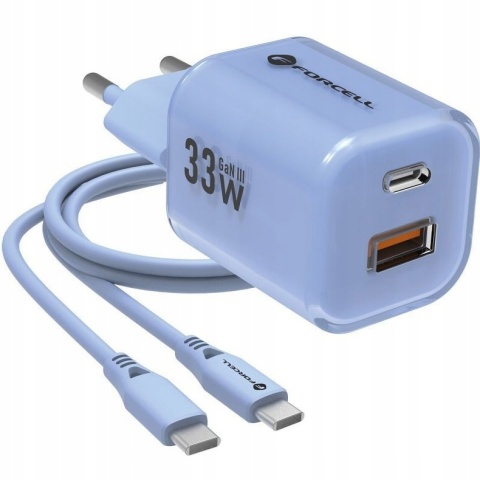 FORCELL F-ENERGY Crystal Color GaN III VT-41 ładowarka sieciowa z silikonowym kablem 1 x Typ C + 1 x USB A PD QC4.0 33W niebiesk