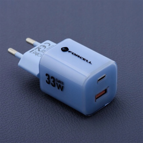 FORCELL F-ENERGY Crystal Color GaN III VT-41 ładowarka sieciowa z silikonowym kablem 1 x Typ C + 1 x USB A PD QC4.0 33W niebiesk