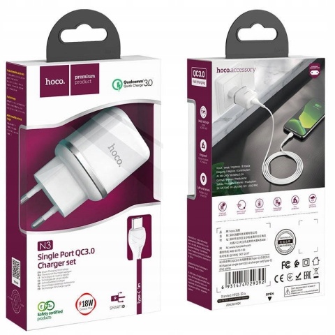 HOCO ładowarka sieciowa USB 3A QC3.0 Fast Charge Special Single Port z kablem Micro N3 biała