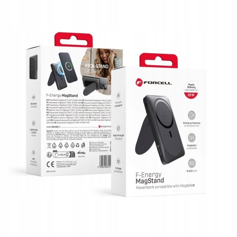 Powerbank zgodny z MagSafe Forcell F-Energy MagStand F10K2 QC3.0 PD 5A 20W 10000 mAh czarny