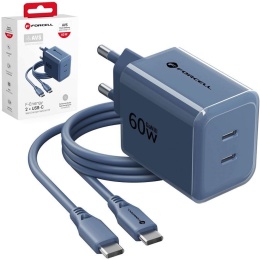 Ładowarka sieciowa do telefonu Forcell F-Energy GaN III Crystal Color 2x USB C AVS SSFC3.0 60W + kabel USB C do USB C VT-60 gran