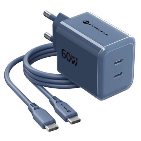 Ładowarka sieciowa do telefonu Forcell F-Energy GaN III Crystal Color 2x USB C AVS SSFC3.0 60W + kabel USB C do USB C VT-60 gran