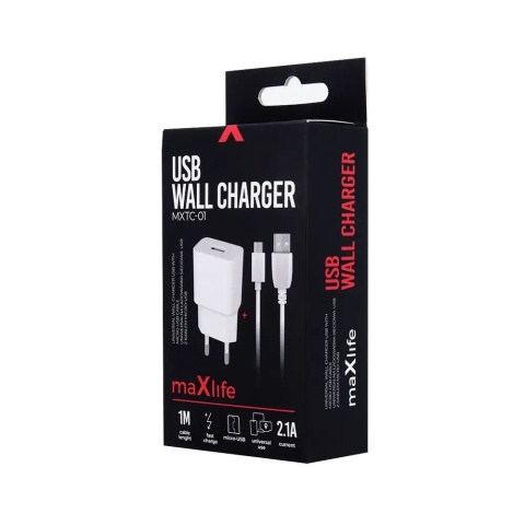 Maxlife ładowarka sieciowa MXTC-01 1x USB 2,1A biała + kabel USB-C