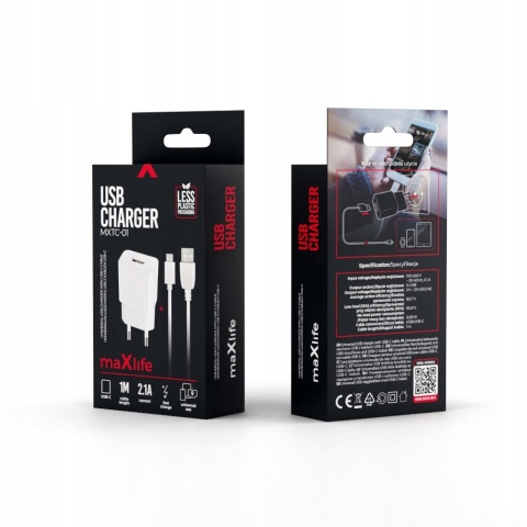 Maxlife ładowarka sieciowa MXTC-01 1x USB 2,1A biała + kabel USB-C