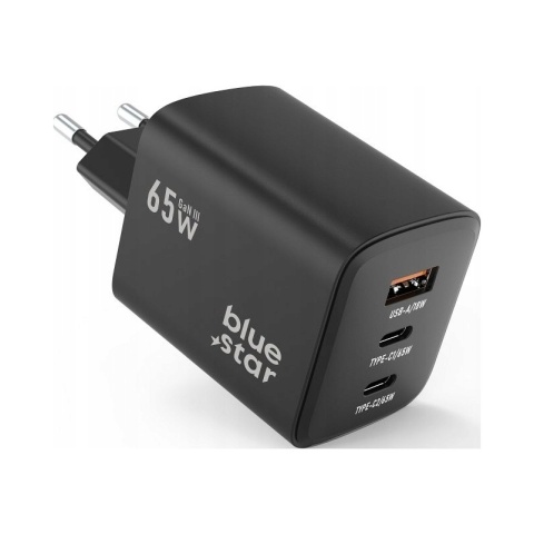 Ładowarka Sieciowa Blue Star Uniwersalna GaN ze złączami 2x USB C 1x USB A - 4A 65W z funkcją ładowania PD i QC 4.0