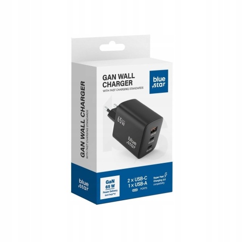 Ładowarka Sieciowa Blue Star Uniwersalna GaN ze złączami 2x USB C 1x USB A - 4A 65W z funkcją ładowania PD i QC 4.0