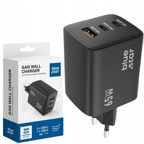 Ładowarka Sieciowa Blue Star Uniwersalna GaN ze złączami 2x USB C 1x USB A - 4A 65W z funkcją ładowania PD i QC 4.0