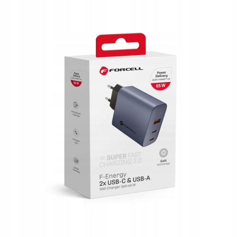 Ładowarka sieciowa do telefonu Forcell F-Energy GaN 2 x USB C + USB A QC4.0 PD 4A 65W VT-42B szara