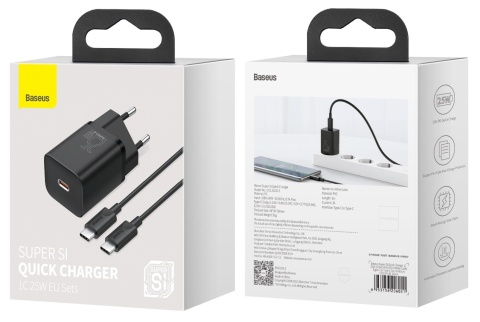 Baseus ładowarka sieciowa Super Si PD 25W 1x USB-C czarna + kabel USB-C - USB-C