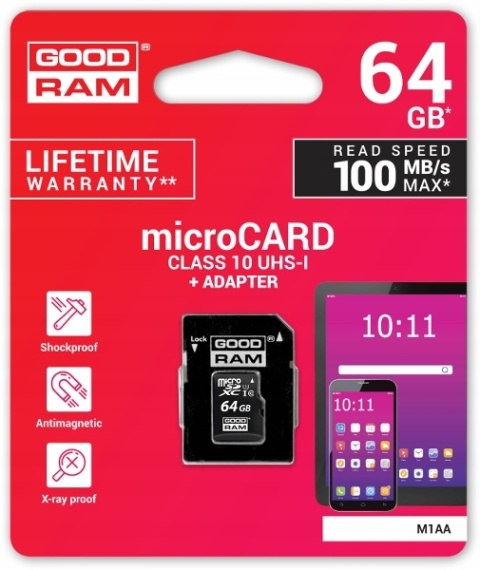 GOODRAM karta pamięci microSD 64GB 100MB/s class 10 UHS I z adapterem SD